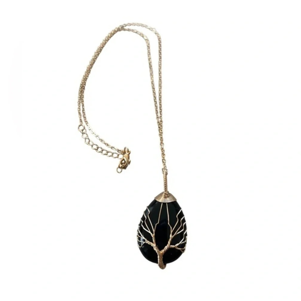 Vintage Style Black Tigers Eye‎ Tree Of Life Necklace